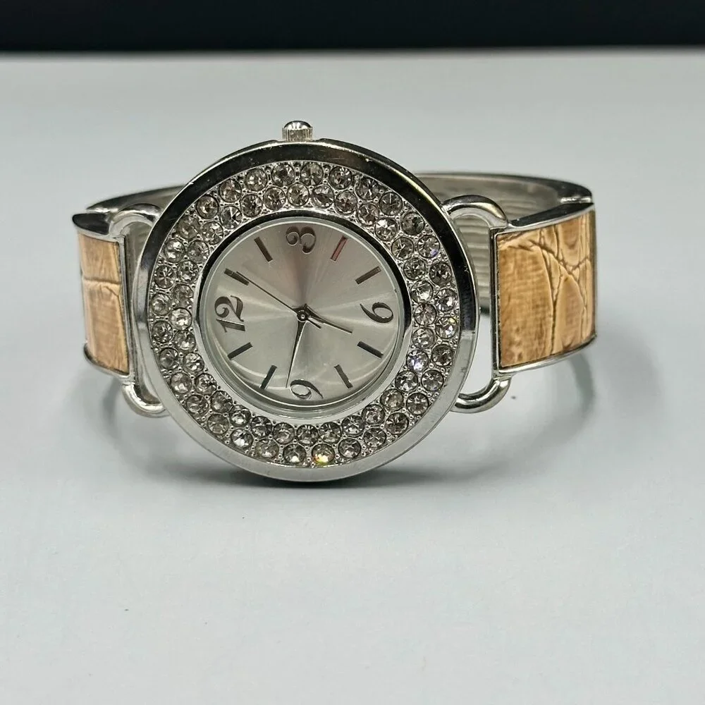 3/$30 Silver Tone Women Cuff Watch Rhinestone Bezel Arabic Numerals Works 7